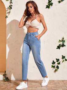 高腰直筒牛仔褲 - 淺色水洗藍 - 查看 5