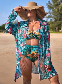 SHEIN Plus Size Tropical Print Bikini Set With Kimono Summer Beach - Multicolor - View 3