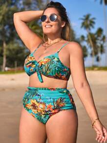 SHEIN Plus Size Tropical Print Bikini Set With Kimono Summer Beach - Multicolor - View 5