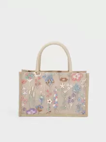 花朵小隨機圖案手提包 雙把繡花沙灘包 - 彩色 - 查看 1