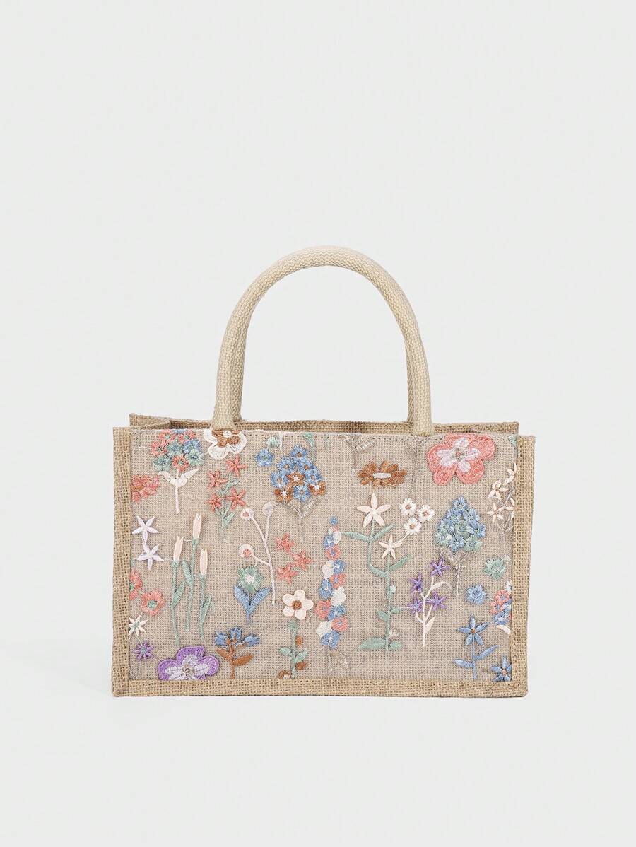 花朵小隨機圖案手提包 雙把繡花沙灘包 - 彩色 - 查看 1