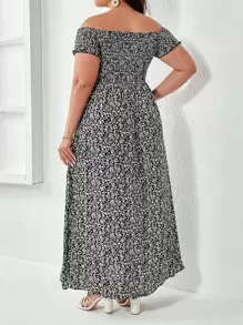 Celure 大碼碎花一字肩高衩連衣裙 - 黑與白 - 查看 2