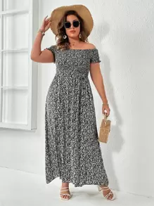 Celure 大碼碎花一字肩高衩連衣裙 - 黑與白 - 查看 3