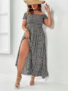 Celure 大碼碎花一字肩高衩連衣裙 - 黑與白 - 查看 4