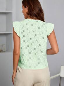 SHEIN Privé 蝴蝶袖網眼刺繡T恤 - 薄荷綠 - 查看 2