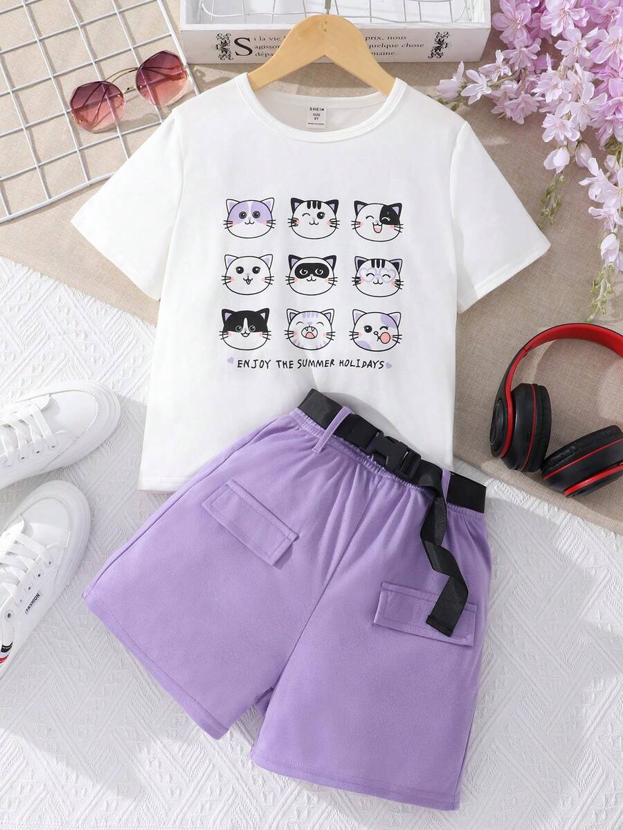 女孩卡通圖案T恤和翻蓋細節短褲 - 彩色 - 查看 1