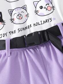 女孩卡通圖案T恤和翻蓋細節短褲 - 彩色 - 查看 5
