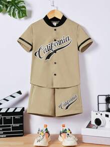 SHEIN 小男童字母圖案棒球領襯衫和短褲