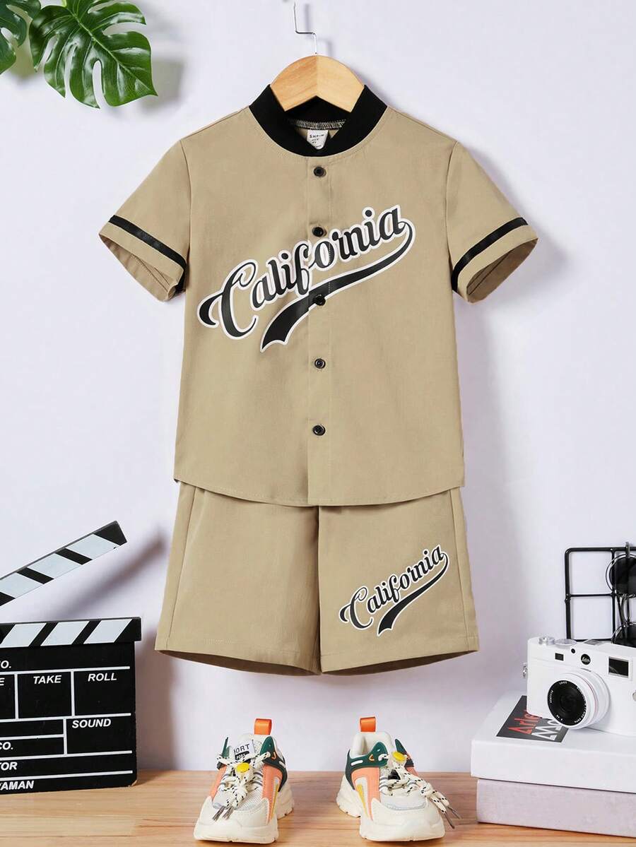 SHEIN 小男童字母圖案棒球領襯衫和短褲