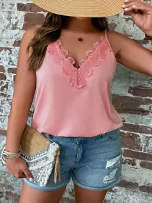 SHEIN LUNE Plus Contrast Lace Cami Top - Pink - View 3