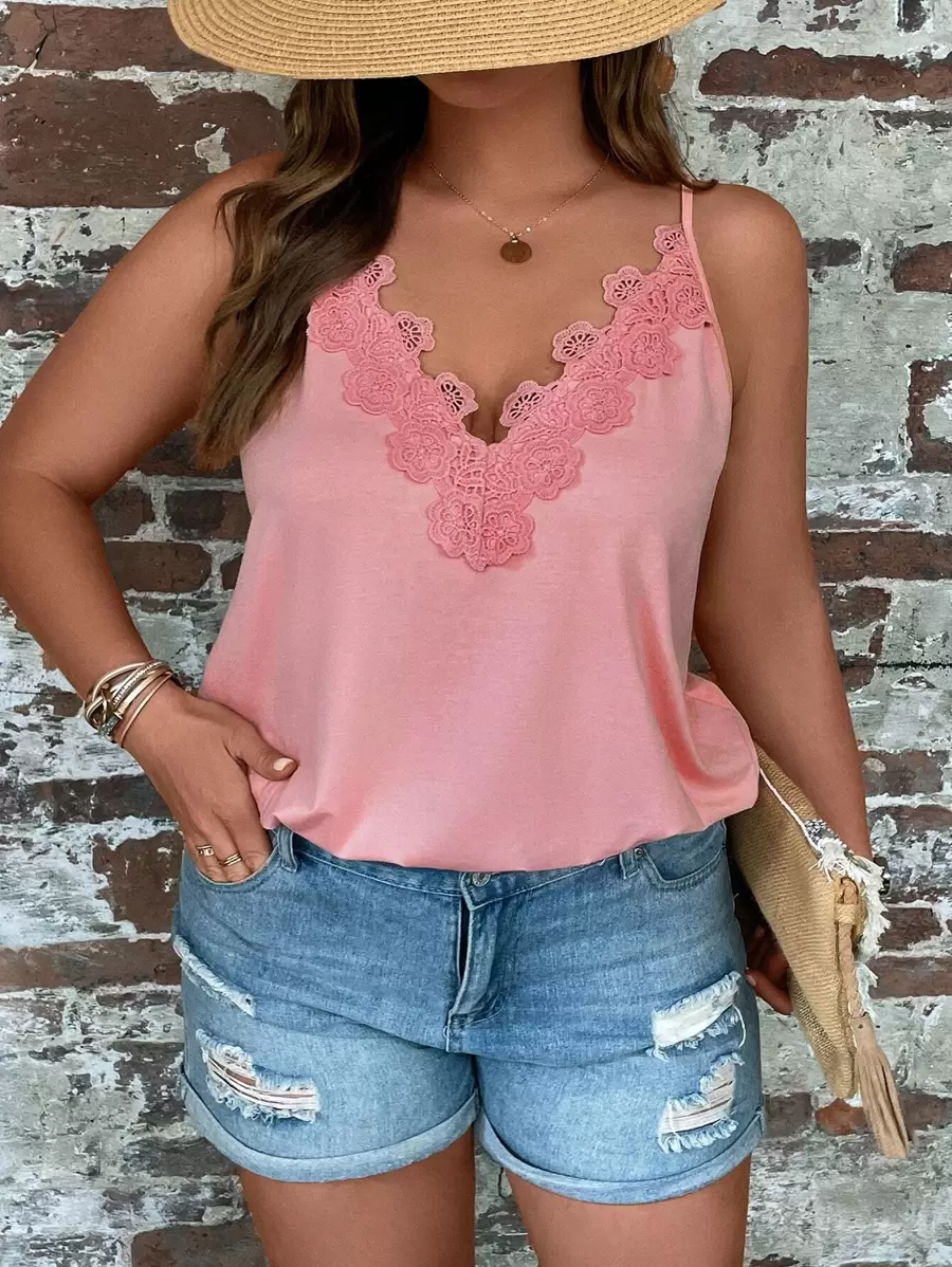 SHEIN LUNE Plus Contrast Lace Cami Top - Pink - View 1