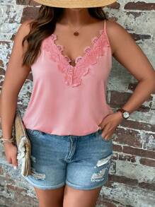 SHEIN LUNE Plus Contrast Lace Cami Top - Pink - View 5