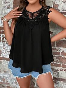 SHEIN Clasi Áo sơ mi Plus Size Nút Tương phản ren màu trơn Giải trí - màu đen - Xem 1