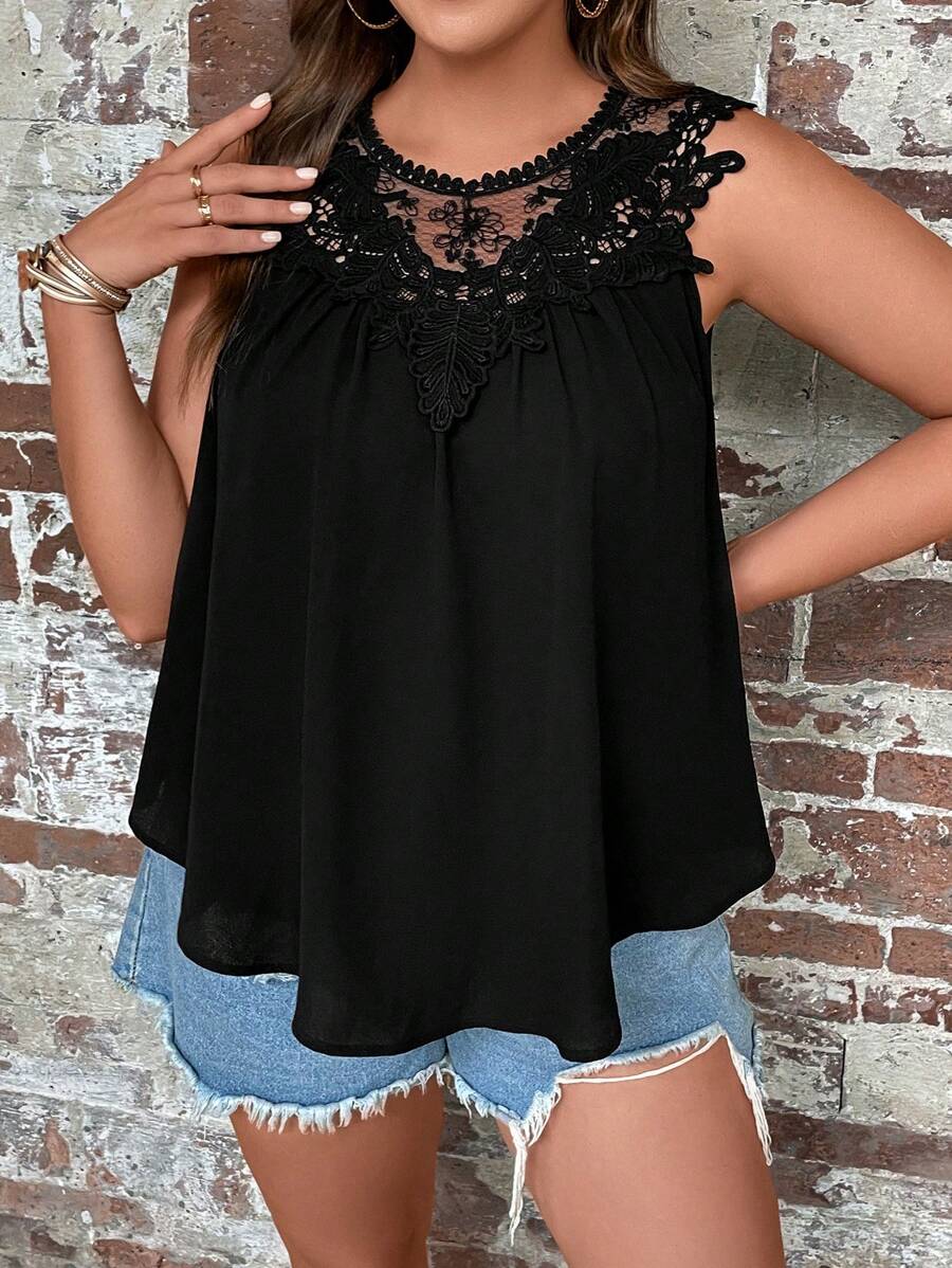 SHEIN Clasi Áo sơ mi Plus Size Nút Tương phản ren màu trơn Giải trí - màu đen - Xem 1