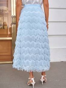 Aveloria Solid Fringe Trim Skirt - Blue - View 3