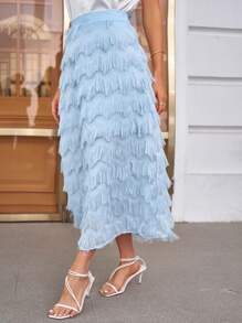 Aveloria Solid Fringe Trim Skirt - Blue - View 1