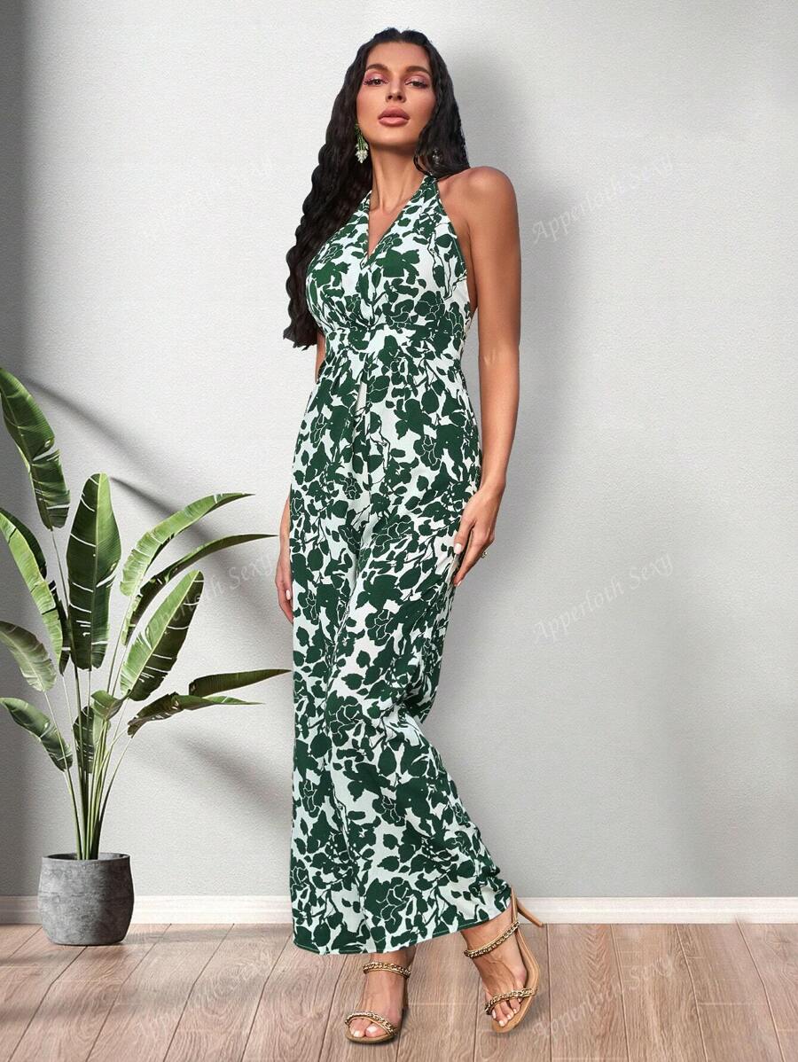 Deep V Floral Print Tie Backless Halter Neck Wide Leg Jumpsuit