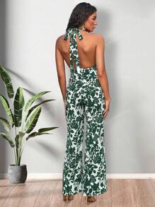 Deep V Floral Print Tie Backless Halter Neck Wide Leg Jumpsuit