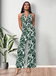 Deep V Floral Print Tie Backless Halter Neck Wide Leg Jumpsuit
