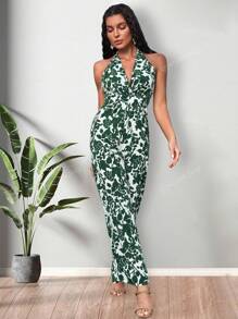 Deep V Floral Print Tie Backless Halter Neck Wide Leg Jumpsuit