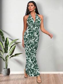 Deep V Floral Print Tie Backless Halter Neck Wide Leg Jumpsuit
