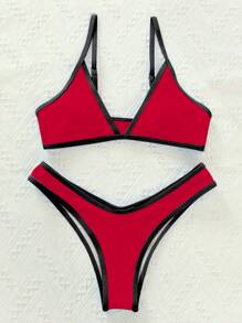 SHEIN Swim 2-Piece Contrast Trim Bikini For Holiday And Beach Summer - Red - View 5
