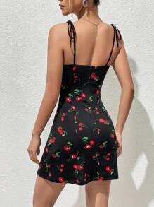 SHEIN Qutie Cherry Print Tie Shoulder Ruched Bust Knot Front Cami Dress - Black - View 3
