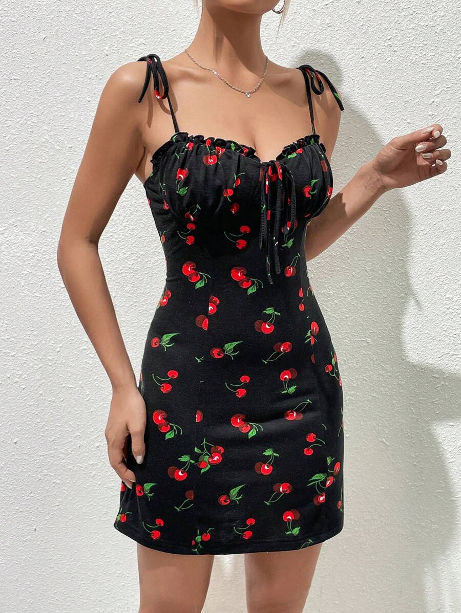 SHEIN Qutie Cherry Print Tie Shoulder Ruched Bust Knot Front Cami Dress - Black - View 1