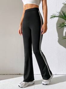 SHEIN Tall Striped Side Flare Leg Trousers - Black - View 4