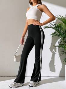 SHEIN Tall Striped Side Flare Leg Trousers - Black - View 5