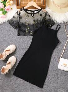 SHEIN Girls Floral Embroidery Mesh Top & Cami Dress - Black - View 1
