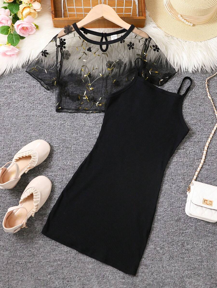 SHEIN Girls Floral Embroidery Mesh Top & Cami Dress - Black - View 1