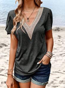 SHEIN LUNE Contrast Guipure Lace Petal Sleeve Tee - Dark Grey - View 1
