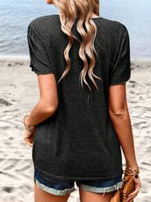 SHEIN LUNE Contrast Guipure Lace Petal Sleeve Tee - Dark Grey - View 2