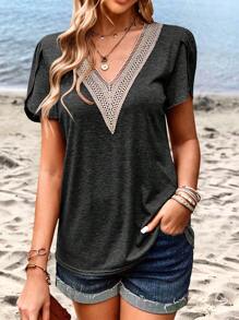 SHEIN LUNE Contrast Guipure Lace Petal Sleeve Tee - Dark Grey - View 6