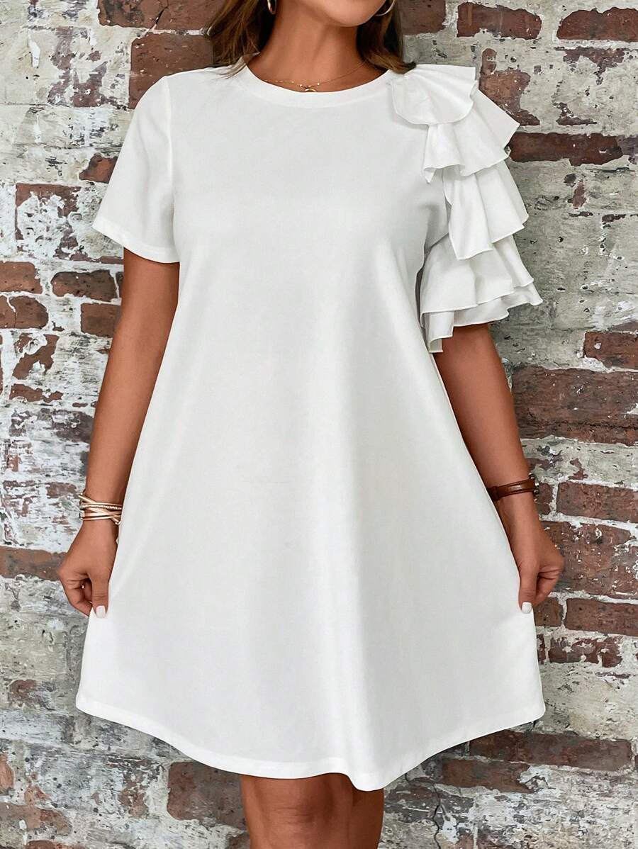 SHEIN Clasi 大碼荷葉邊T恤連衣裙 - 白色 - 查看 1