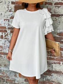 SHEIN Clasi 大碼荷葉邊T恤連衣裙 - 白色 - 查看 5