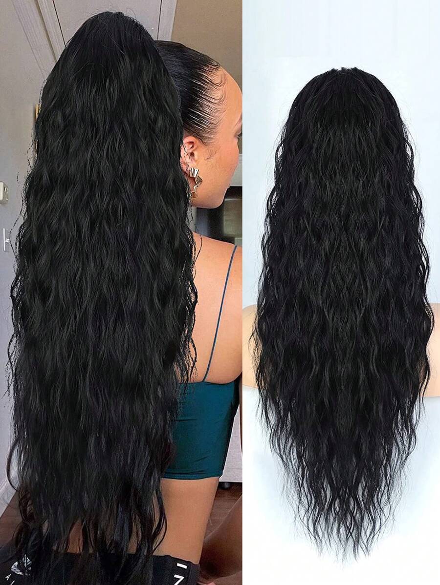 Long Curly Ponytail Synthetic Hair Extension - Black - View 1
