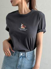 DAZY Áo thun nữ Hoạt hình Slogan Giải trí - Màu xám đen - Xem 1