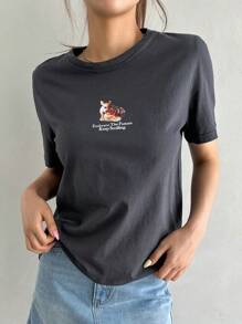 DAZY Áo thun nữ Hoạt hình Slogan Giải trí - Màu xám đen - Xem 2