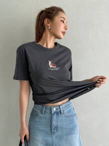 DAZY Áo thun nữ Hoạt hình Slogan Giải trí - Màu xám đen - Xem 5