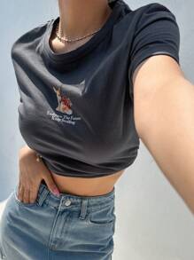 DAZY Áo thun nữ Hoạt hình Slogan Giải trí - Màu xám đen - Xem 7