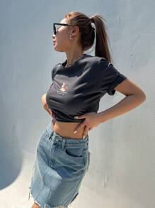 DAZY Áo thun nữ Hoạt hình Slogan Giải trí - Màu xám đen - Xem 8