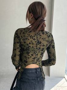 DAZY Áo nữ Bất đối xứng Xù nhỏ cắt Hoa Tất cả trên in Gợi cảm - Màu xanh Ô liu - Xem 2