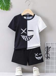 SHEIN Bộ trang phục dạo phố thông thường màu đen trắng cho bé trai với cổ tròn và tay áo thông thường cho mùa hè - Đen và trắng - Xem 1