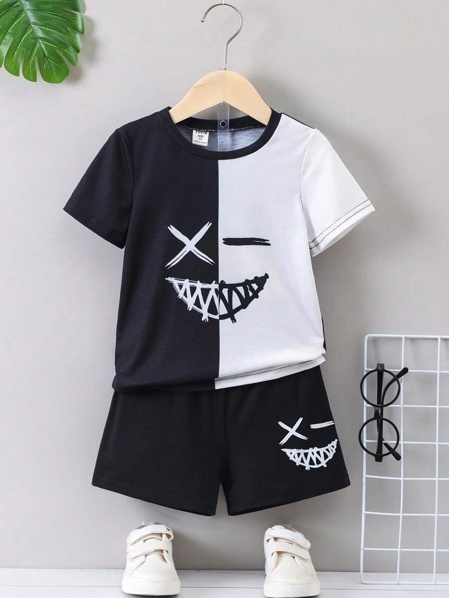 SHEIN Bộ trang phục dạo phố thông thường màu đen trắng cho bé trai với cổ tròn và tay áo thông thường cho mùa hè - Đen và trắng - Xem 1