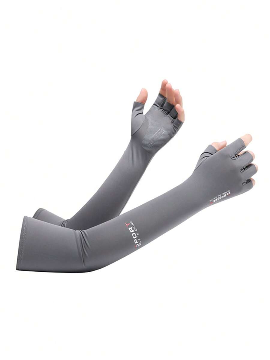 1雙防紫外線防曬霜半指手套帶袖子 - 灰色 - 查看 1