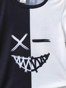 SHEIN Bộ trang phục dạo phố thông thường màu đen trắng cho bé trai với cổ tròn và tay áo thông thường cho mùa hè - Đen và trắng - Xem 5