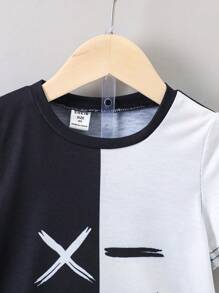 SHEIN Bộ trang phục dạo phố thông thường màu đen trắng cho bé trai với cổ tròn và tay áo thông thường cho mùa hè - Đen và trắng - Xem 6