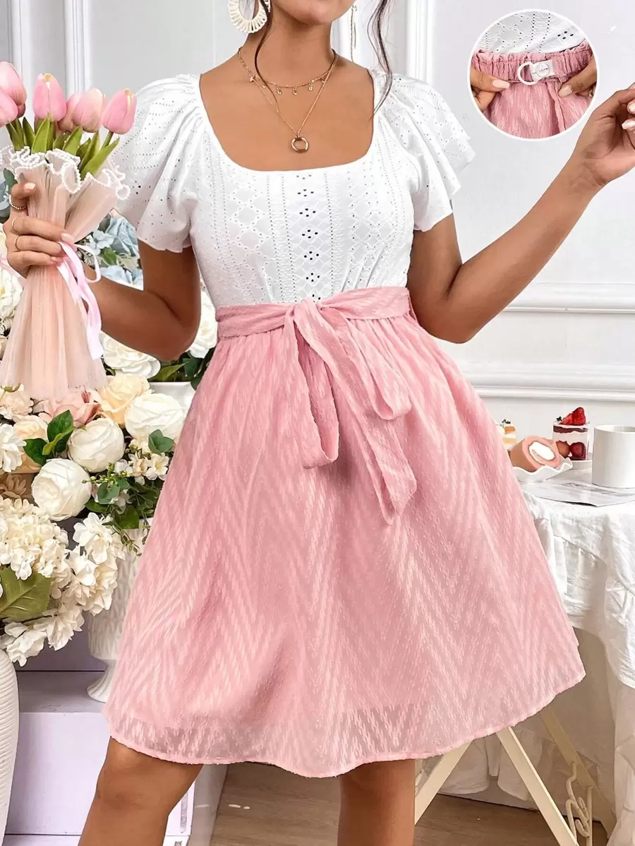 SHEIN Bộ đồ hai mảnh Bà bầu Thắt lưng Nút Nhẫn Tranh thêu Khối Màu Giải trí - Nhiều màu - Xem 1